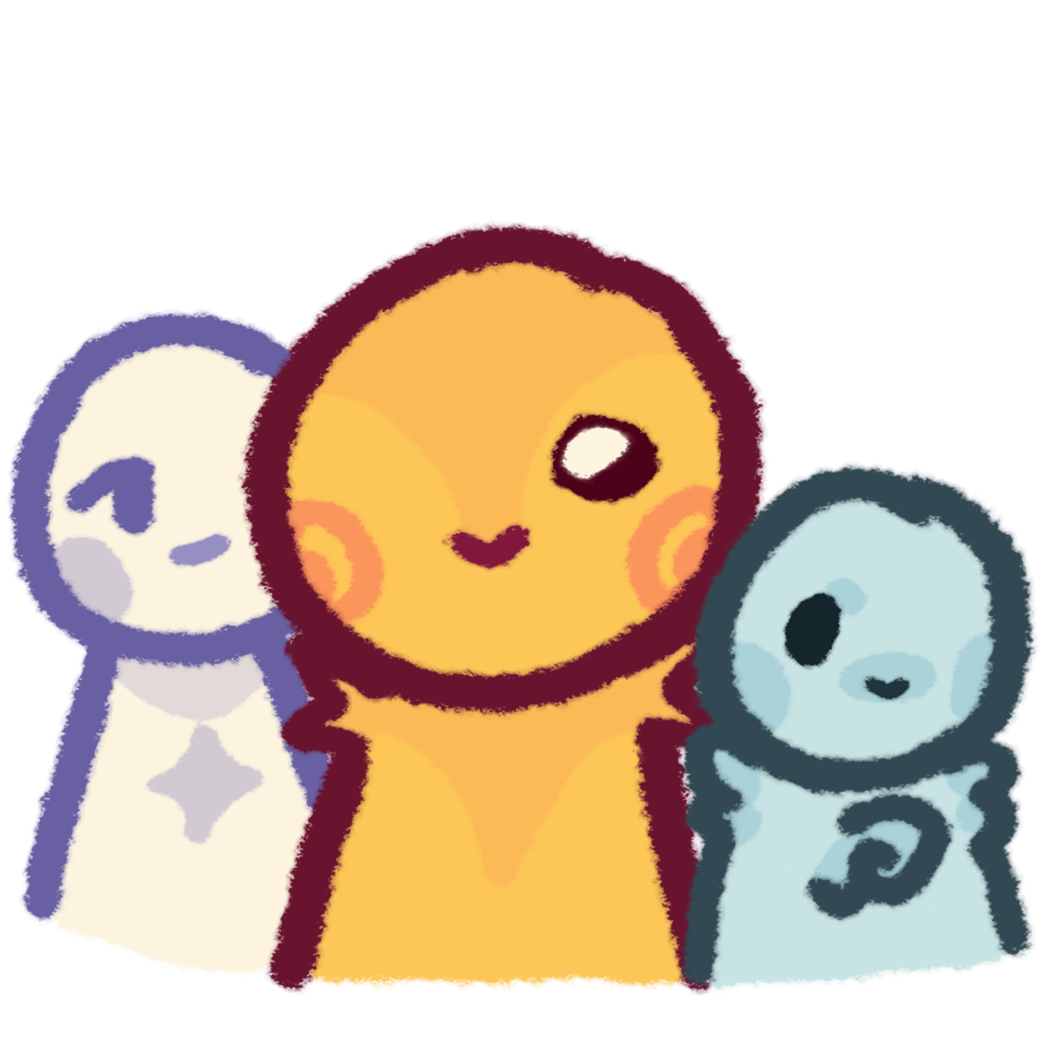 there are three figures standing together. A big yellow figure stands in front, behind it is a white figure with a star on its chest, and a short slightly fluffy blue figure.